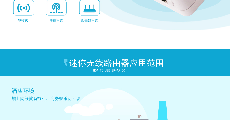SP-WA150 150M无线AP迷你无线路由器应用范围,酒店环境,插上网线就有WiFi，商务娱乐两不误